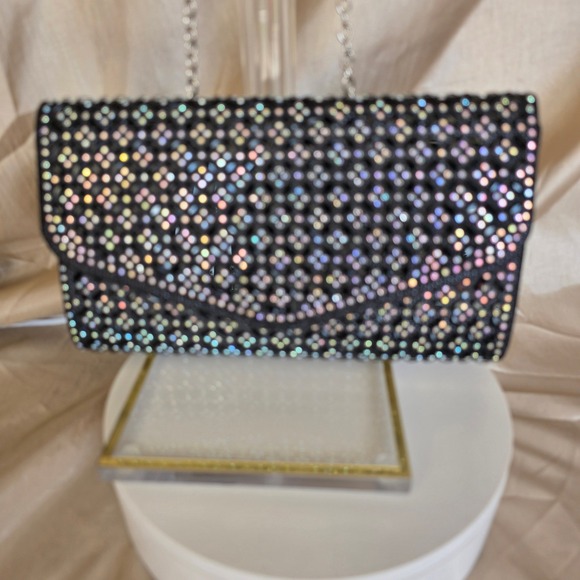 Handbags - Black Iridescent Rhinestone Evening Clutch Bag with‎ Silver Chain Strap Formal